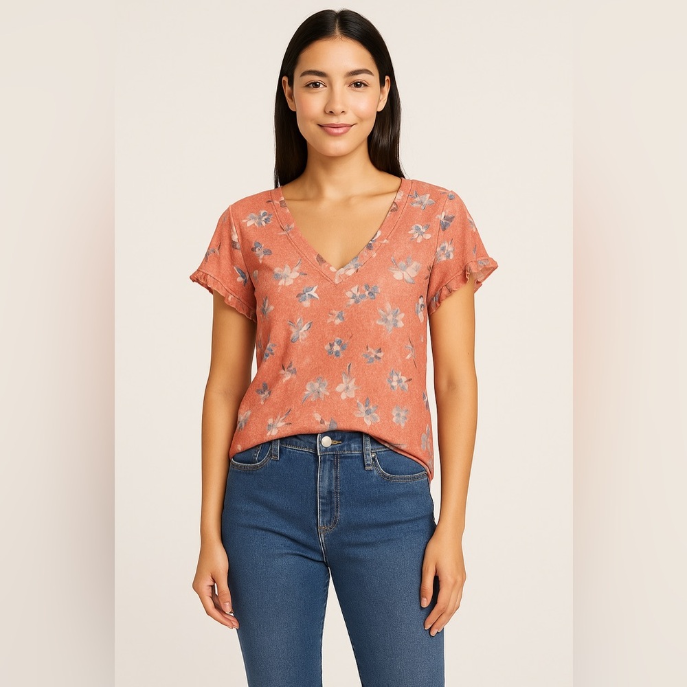 Ella Moss XXL (junior) Coral Floral V-Neck Ruffle Sleeve Linen Blend Top